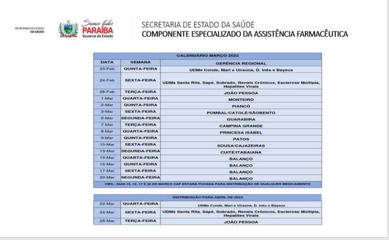 Calendário de Distribuição Março