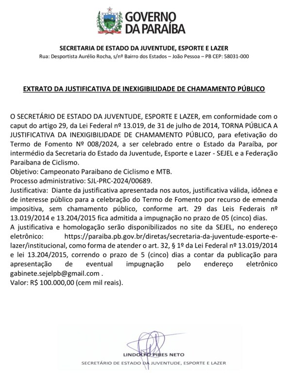 EXTRATO DA JUSTIFICATIVA DE INEXIGIBILIDADE DE CHAMAMENTO PÚBLICO - Campeonato Paraibano de Ciclismo e MTB