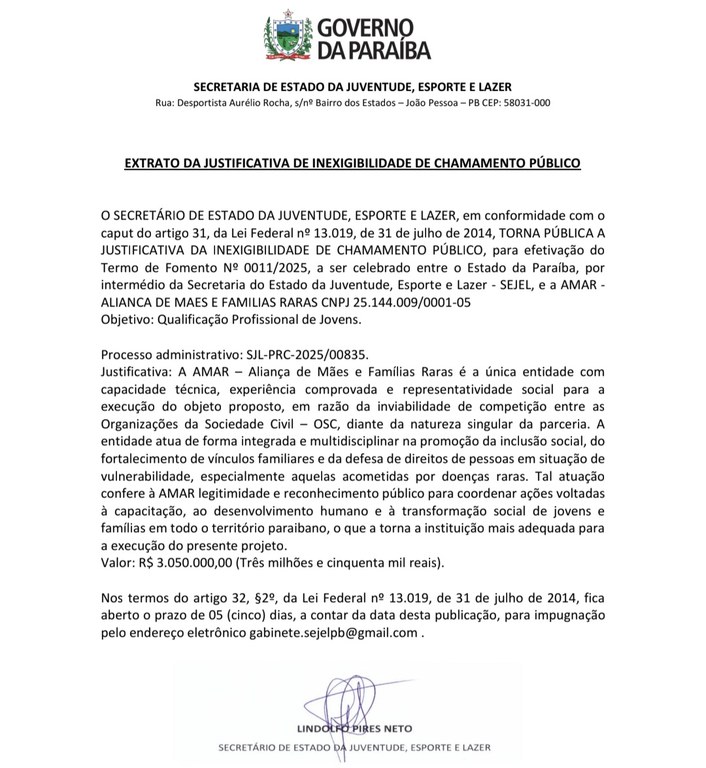 EXTRATO DA JUSTIFICATIVA DE INEXIGIBILIDADE DE CHAMAMENTO PÚBLICO Qualificação Profissional de Jovens AMAR – Aliança de Mães e Famílias Raras