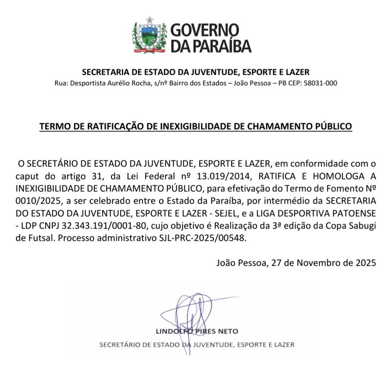 TERMO DE RATIFICAÇÃO DE INEXIGIBILIDADE DE CHAMAMENTO PÚBLICO - 3ª edição da Copa Sabugi de Futsal