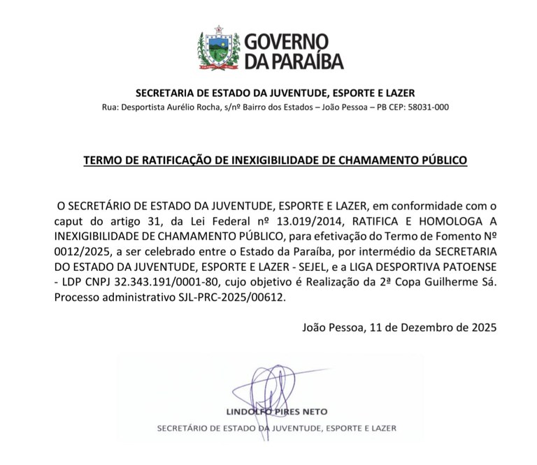 TERMO DE RATIFICAÇÃO DE INEXIGIBILIDADE DE CHAMAMENTO PÚBLICO 2ª Copa Guilherme Sá