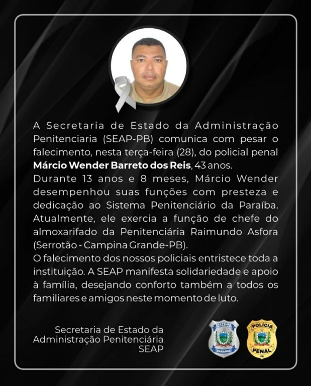 NOTA DE PESAR Seap lamenta o falecimento do policial penal Márcio Wender Barreto dos Reis.jpg